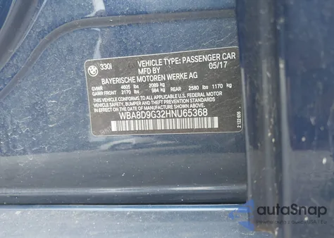 2017 BMW 330 xDrive from USA, damaged, VIN WBA8D9G32HNU65368